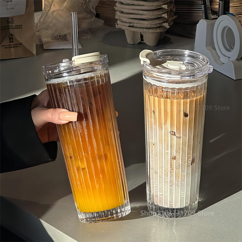 600ML Stripe Glass Cup With Lid and Straw Thickened Transparent Coffee Cup Drinking Glasses For Milk Tea Juice Iced Coffee Mugs