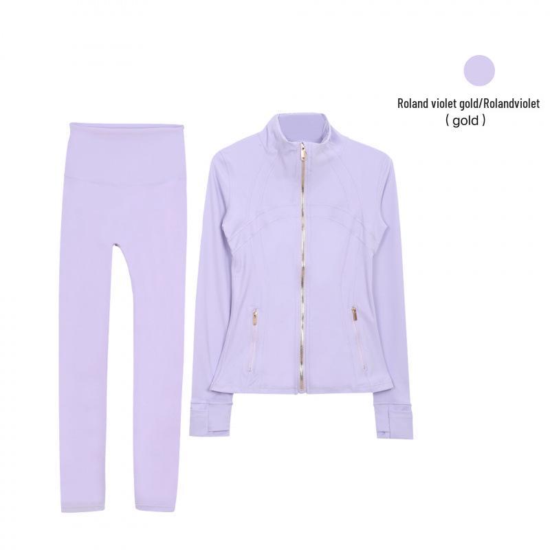 

Жіночий спортивний костюм Lulu Original: куртка із золотою блискавкою та коміром-стійкою та укорочені легінси для йоги - з довгим рукавом L