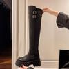 Black over-knee skinny boots women's autumn and winter new British thick heel platform boots belt buckle temperament women's boots