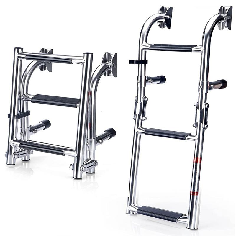 3 Steps Stainless Steel Boat Ladder Grips Transom Mount Folding Stern Ladder Gunwale-Mounted Removable Ladder 3 steps
