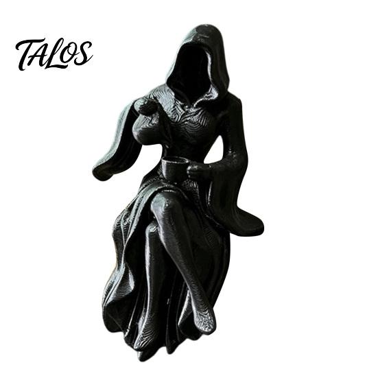 Grim Reaper Figurine Gothic Hooded Lady Figurine, 3D Printed Dark Fantasy Shelf Sitter, Elegant Mysterious Black Robed Women Pouring Tea Sculpture for