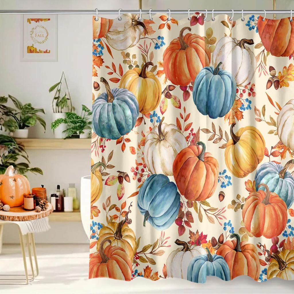 Rustic Farmhouse Pumpkins Shower Curtain 3D Printing Waterproof Fall Thanksgiving Design with 12 Hooks Bathroom Accessories