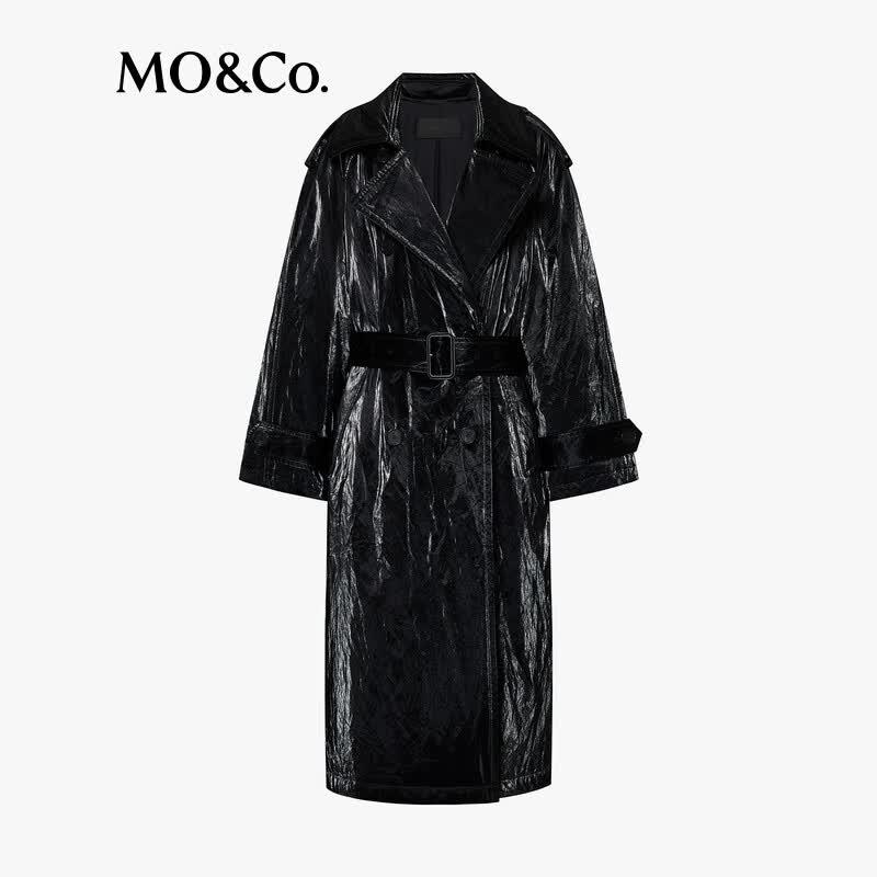 MO&Co. NOIR Faux Leather Double-Breasted Trench Coat