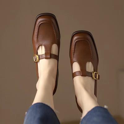 New Fashion Women's T Strap Leather Square Toe Oxford Shoes Brown Mid Heels Designer Shoes Black Pumps Chunky Sewing Dress Shoes