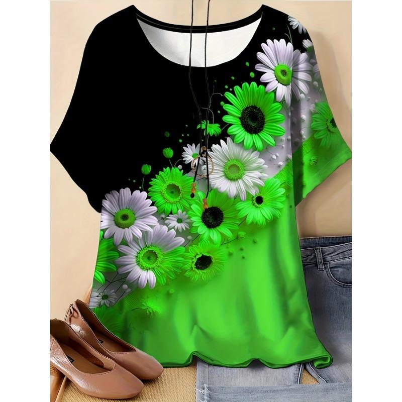 

Plus Size Women s Sunflower Floral Print T-Shirt - Black and Yellow Contrast Color Patchwork Design, Crew Neck Casual Top 8XL