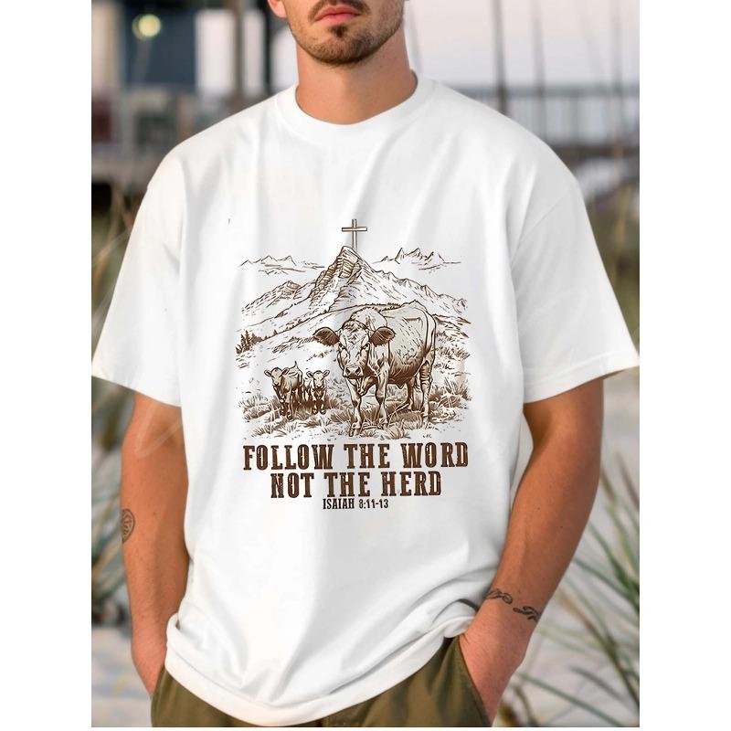 

European sizes White T - shirt for Men: Follow The Word Not The Herd Biblical Cow Graphic 4XL білий
