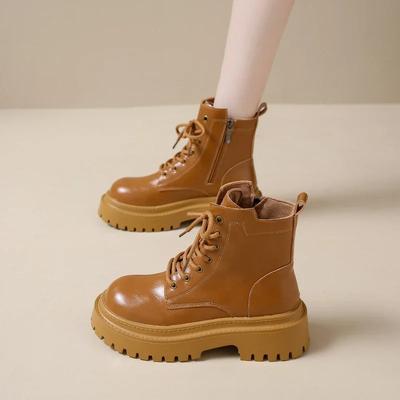 Modne buty damskie 2024 Wysokiej jakości damskie botki z bocznym zamkiem Zimowe w stylu brytyjskim Okrągły nosek Jednolite Krótka cholewka Botki na grubym obcasie