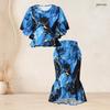 Women Plus Size Red Orange Black Printed Round Neck Batwing Sleeve Ruffle Hem Top Fishtail Skirt Two Piece Set