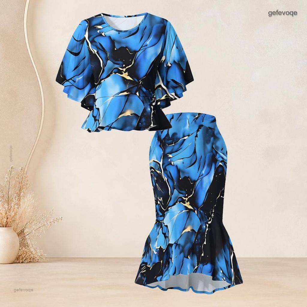 Women Plus Size Red Orange Black Printed Round Neck Batwing Sleeve Ruffle Hem Top Fishtail Skirt Two Piece Set