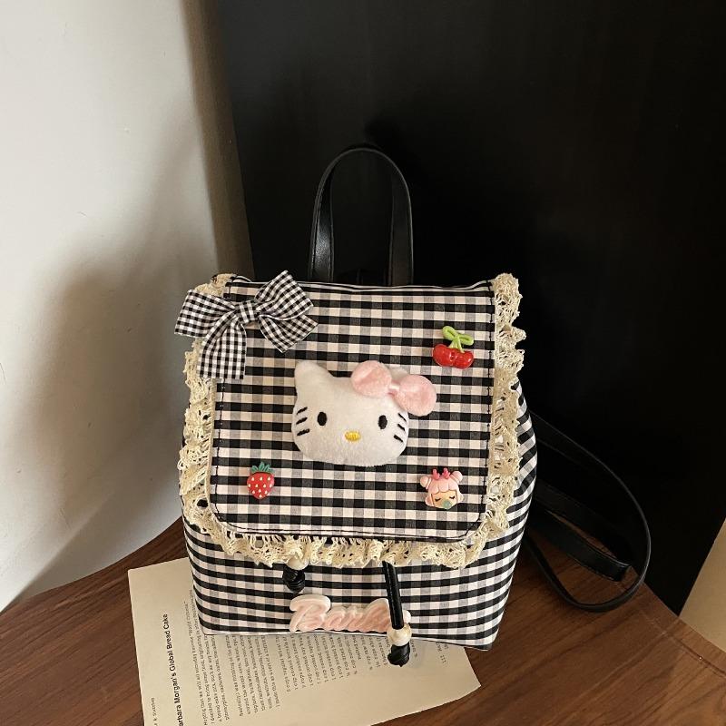 Children's Cute Cartoon Cat Red Grid Backpack Little Girl Lace Decorative Schoolbag New School Backpack