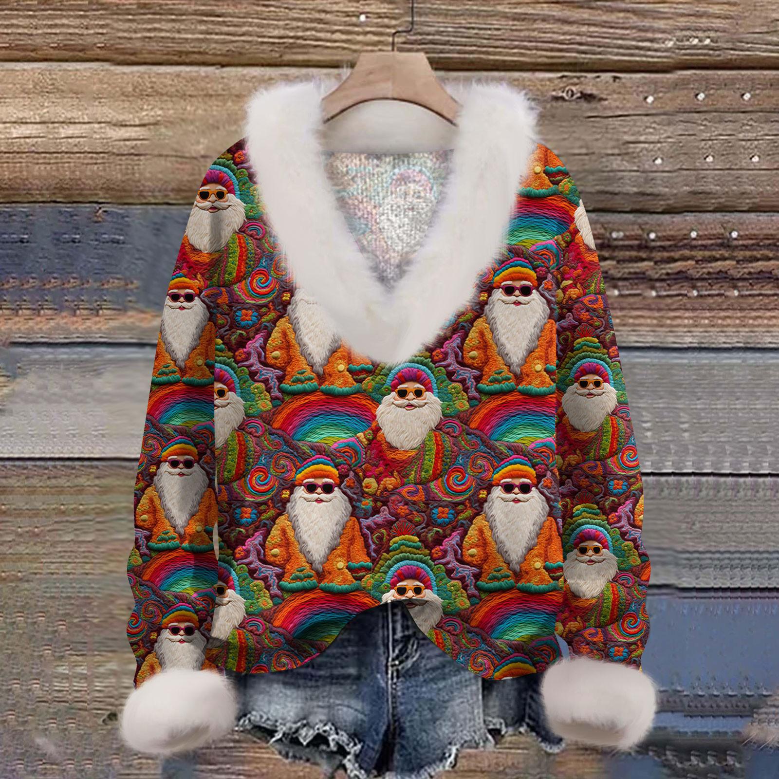 

Женская мода повседневный рождественский принт с длинным рукавом и V-образным вырезом пуловер для волос XXXL