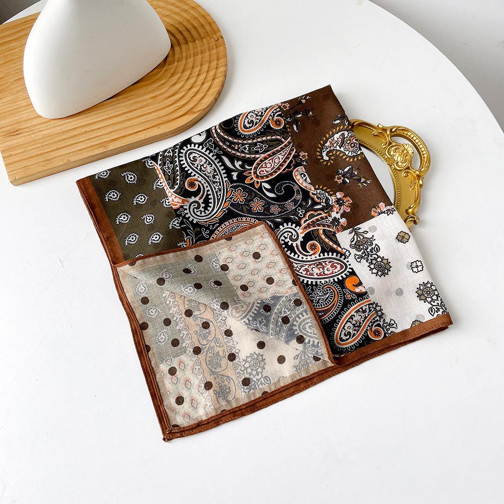 Retro Flower Silk Scarf Autumn and Winter Temperament Elegant Scarf Herringbone Silk Scarf Double-sided Literary Square Scarf Cotton and Linen Square