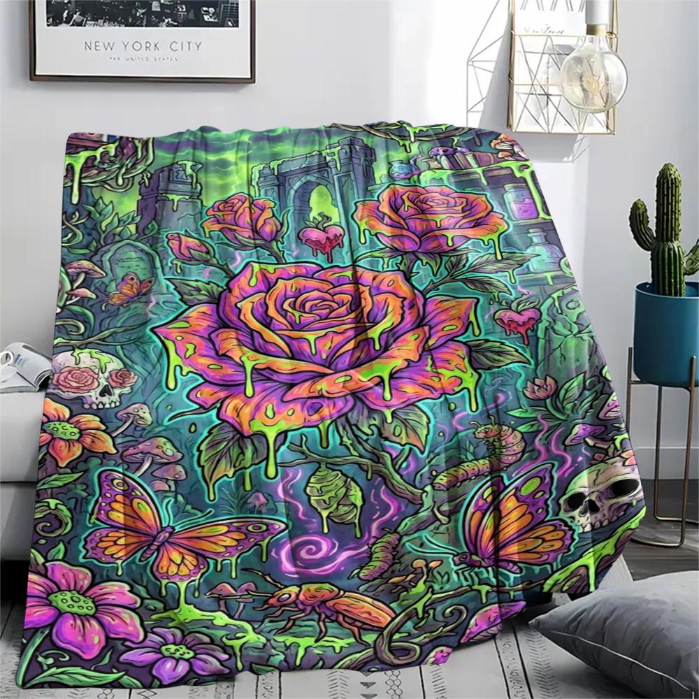 Corrosive Acid Skull and Rose Print Flannel Blanket,High Quality Comfortable for All Seasons,Home Decor,Warmth and Comfort,Perfect for Christmas Gifts