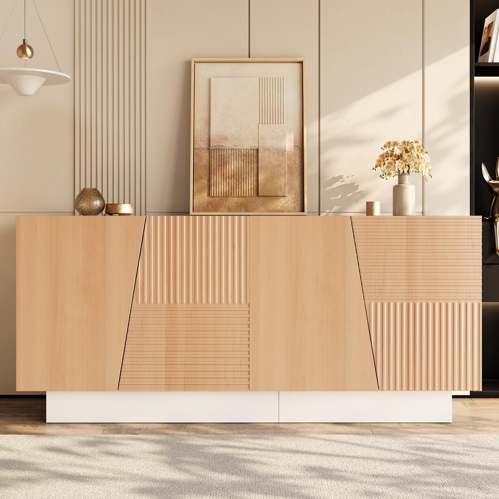 Sideboard, Living Room Cabinet, Geometric Groove Structure, 4 Doors, 2 Separate Storage Spaces, Height-Adjustable Shelves