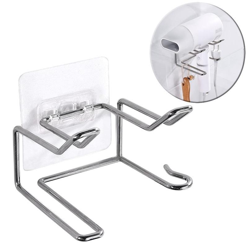 Self Adhesive Wall Mount Hair Dryer Holder Waterproof Rack for Dyson and Most Dryers with Brush and Iron Storage Organizer