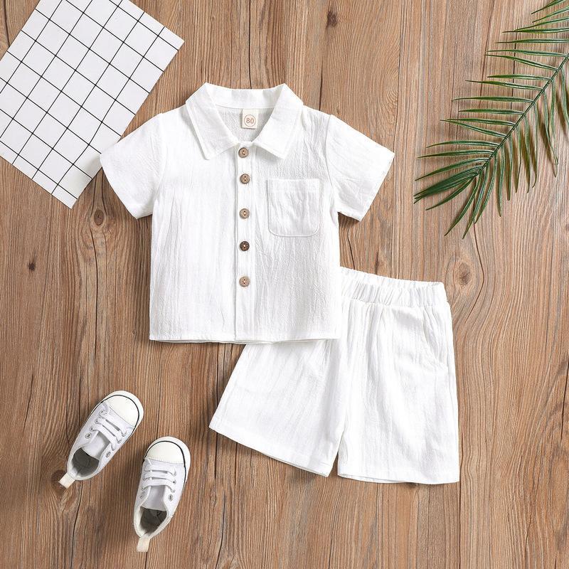 Summer Casual Cotton Linen Polo & Shorts Set for Boys – Solid Color with Turn-Down Collar