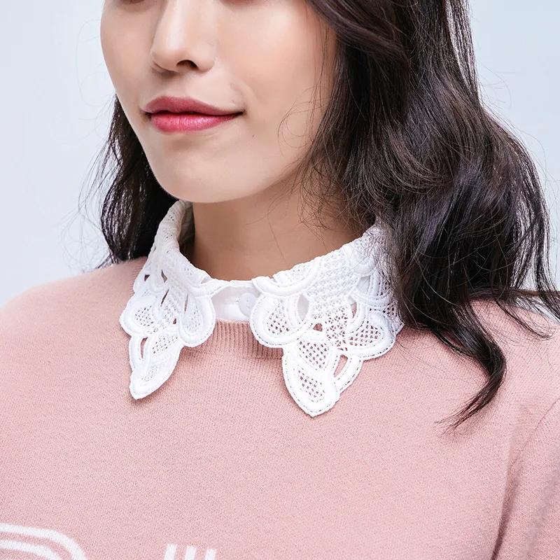 Perfect Match Women New Flower Embroidery False Collar Female Black White Shirt Fake Collar Tie Vintage Detachable Collar Lapel Blouse Top