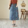 Literary Retro Chinese Style Cotton Denim Skirt Ladies Ethnic Style Embroidered Mid-length Skirt