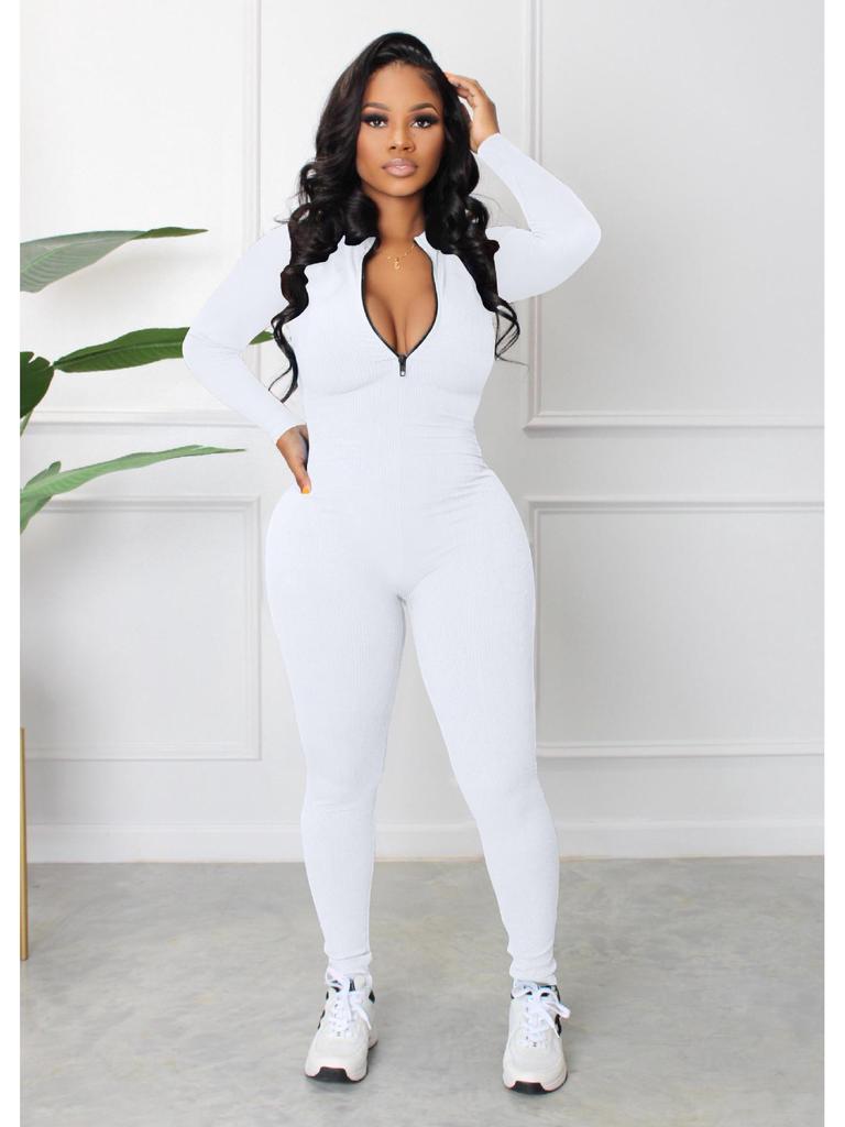 2022 Autumn European and American Pit Stripe Zipper Sports Jumpsuit