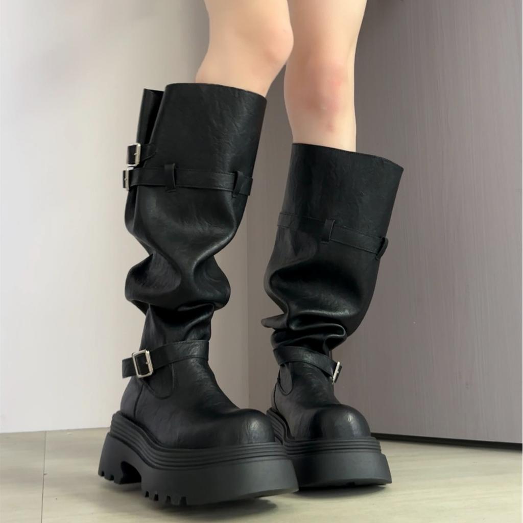 Retro fashion pants boots women's 2025 autumn new thick-soled round head heightening stacking boots but knee boots women
