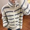Retro lazy loose striped sweater jacket women's autumn and winter new versatile stand-up neck zipper knitted cardigan tide