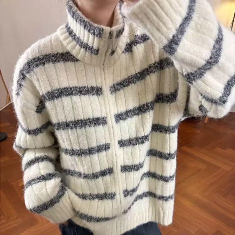 Retro lazy loose striped sweater jacket women's autumn and winter new versatile stand-up neck zipper knitted cardigan tide