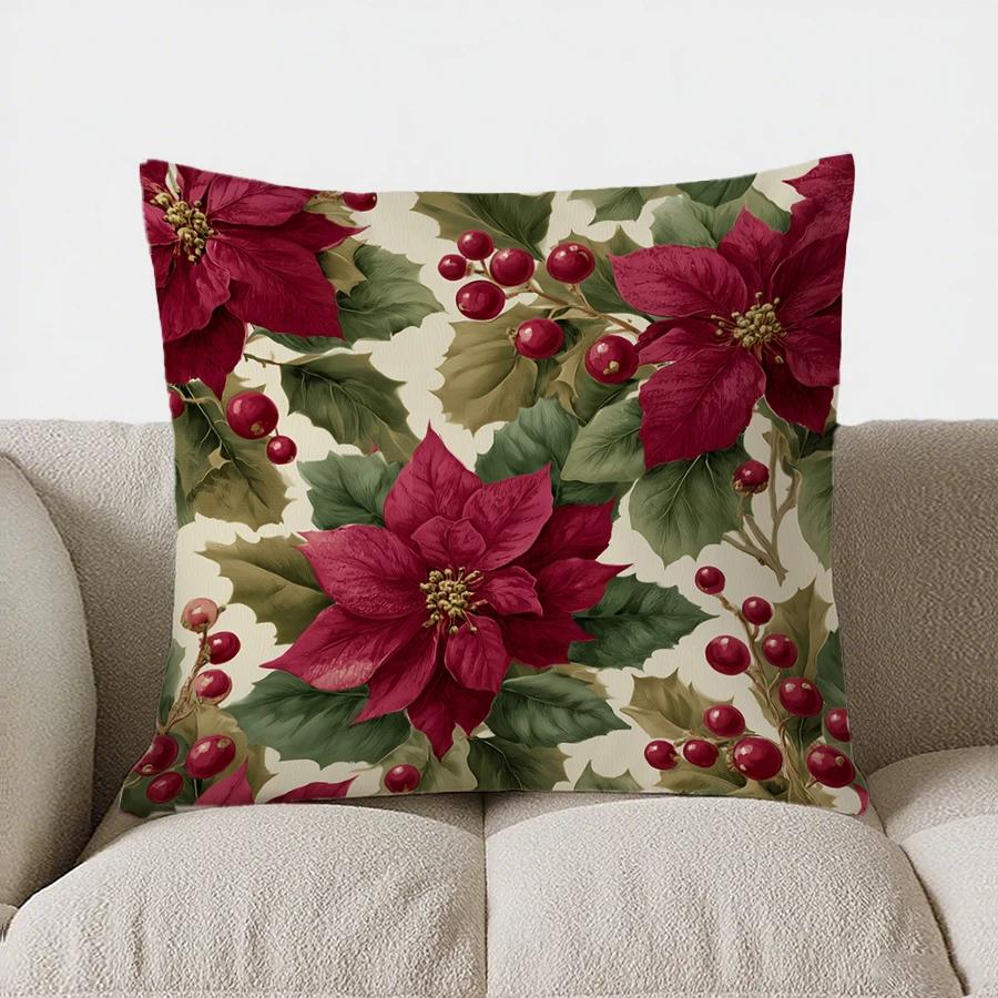 Christmas Poinsettia Pattern Throw Pillow Cover With Short Plush Print Living Room Sofa Decoration Cushion Cover Pillow Covers