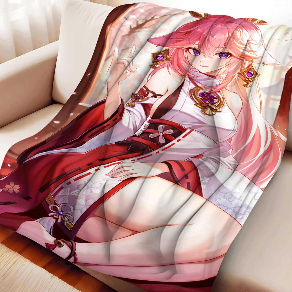 Cartoon Yae Miko Flannel Blanket Cover Summer Soft Anime Genshin Impact Blanket Multifunctional Decor Home Universal Blankets