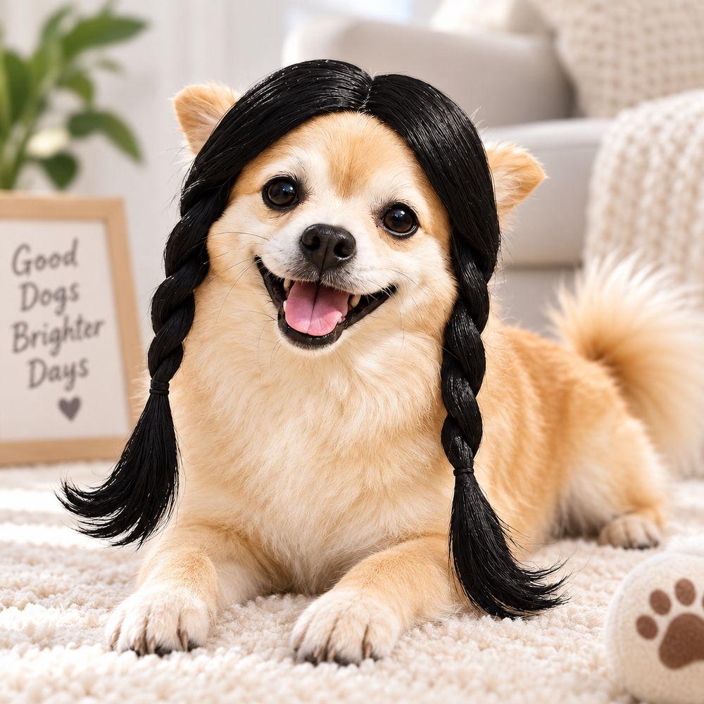 Black Twin Tails Pet Costume Wig Brown Curly Pet Hairpiece Funny Dog Wig  Festival Dress-Up