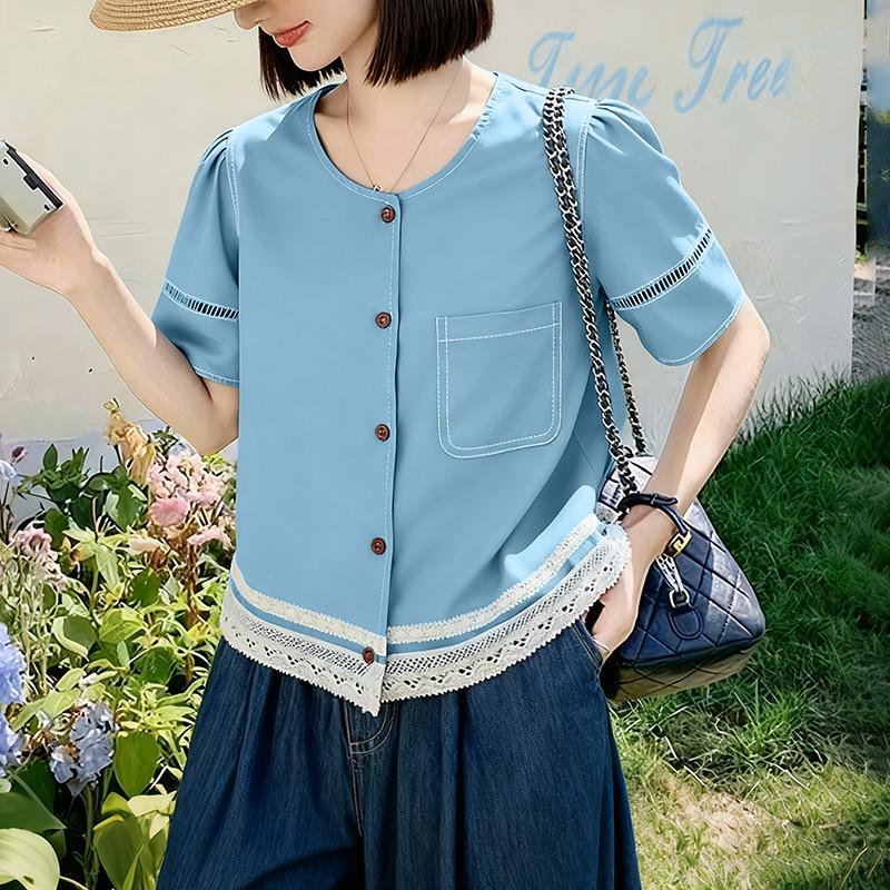 ZANZEA Damen Lässige Rundhals Sommer Kurzarm Spitze Patchwork Bluse