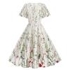 Women's Crew Neck Short Sleeve Midi Dress A Line Mid Waist Mesh Floral Embroidery Swing Dress Vintage Evening Party Dress