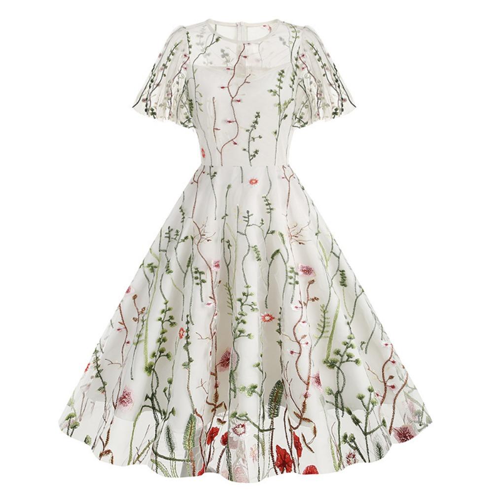 Women's Crew Neck Short Sleeve Midi Dress A Line Mid Waist Mesh Floral Embroidery Swing Dress Vintage Evening Party Dress