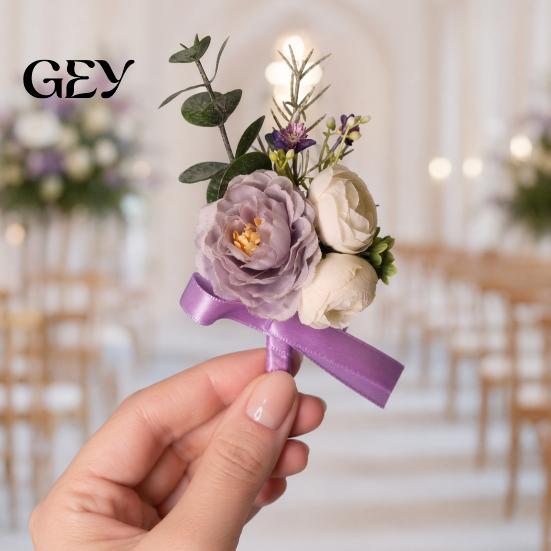 Durable Suit Pin Purple Wedding Boutonniere, Artificial Silk Flower Lapel for High-end Brooch Groom Bride Parents, Romantic Wrist Corsage Bridal Party