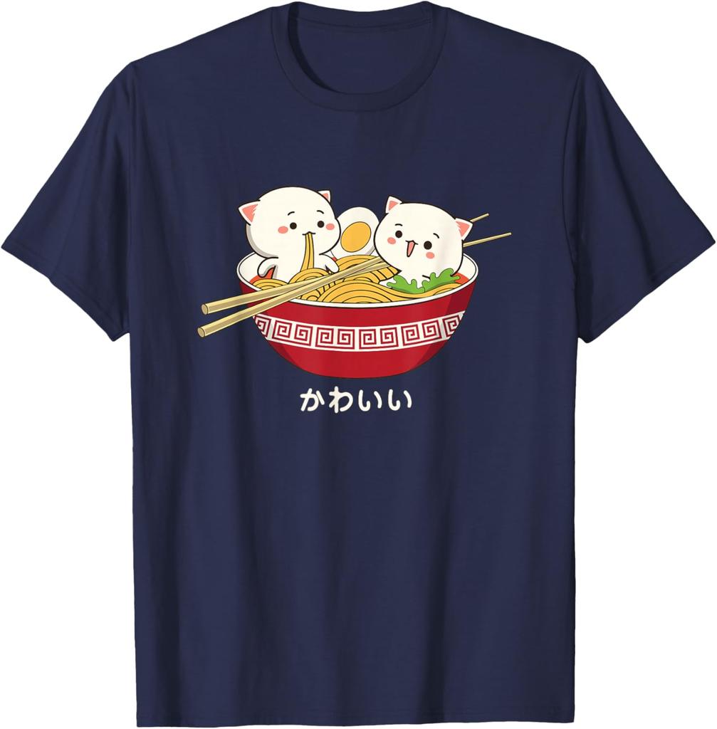 Kawaii Cat Ramen Eating Noodle Graphic Tee Cute Japanese Animal Lover Cotton T-Shirt For Unisex Teens