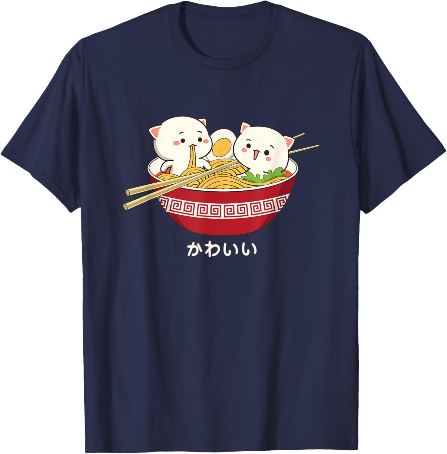 Kawaii Cat Ramen Eating Noodle Graphic Tee Cute Japanese Animal Lover Cotton T-Shirt For Unisex Teens 4XL