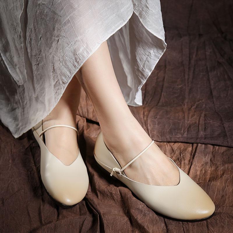 Johnature Genuine Leather Women's Shoes Soft Soled Comfortable Retro Commuter Versatile Shallow Flats