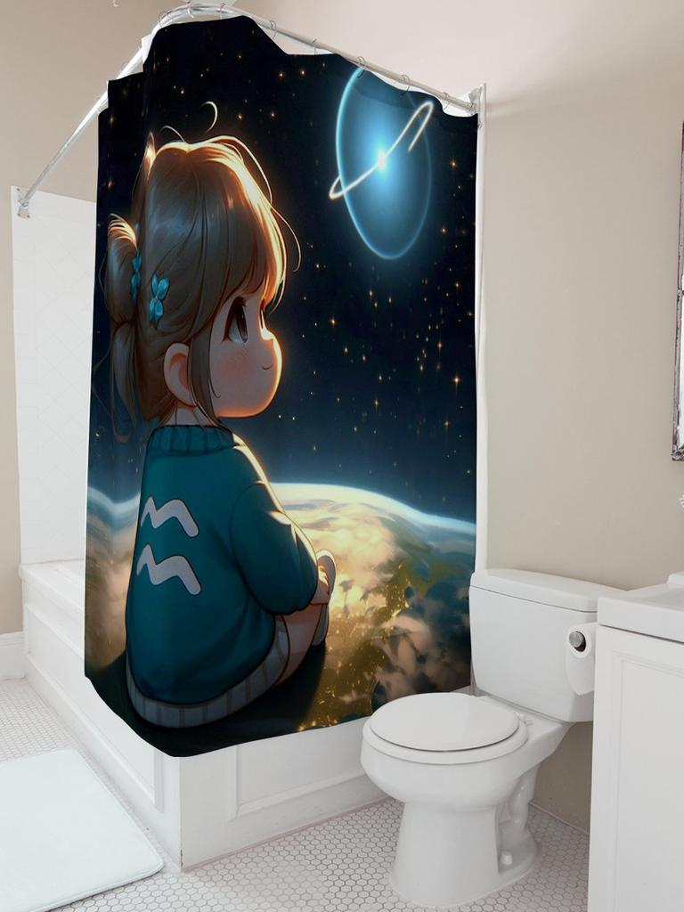 Cute Cartoon Girl Shower Curtain - Space Adventure Design, Waterproof & Mildew-Resistant for Kids' Bathroom Decor, Perfect Gift