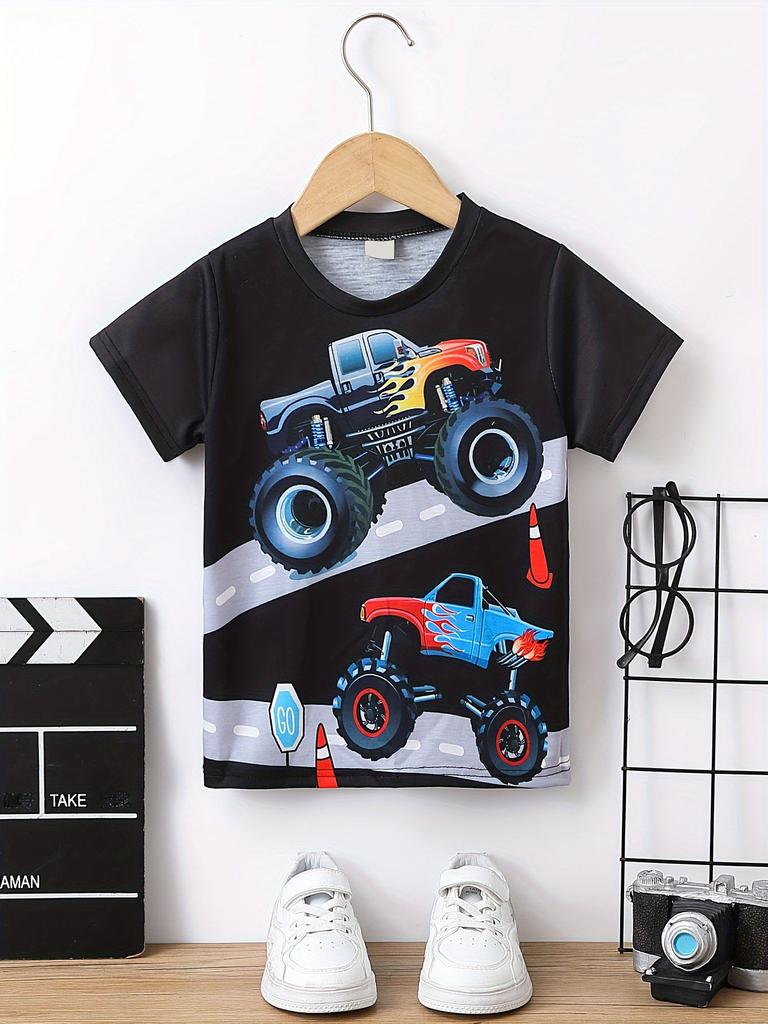 Dětské oblečení Chlapecké tričko Dívčí tričko s krátkým rukávem 3D Cartoon Truck Print Dětské letní oblečení Dětské chlapecké oblečení