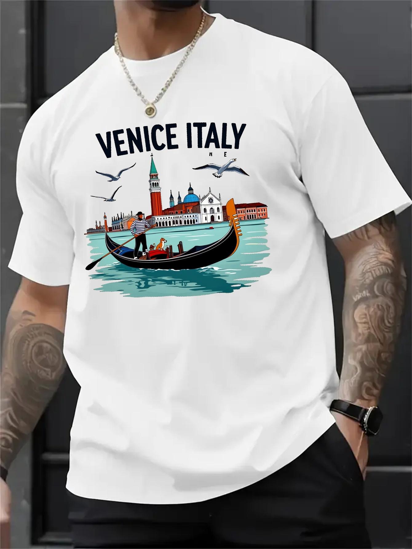610 Cotton Blend T-shirt - Summer Micro-Stretch Knit Casual Tee with Venice Italy Graphic Print XL