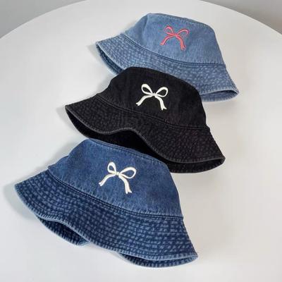Fisherman's Hat for Women  Spring and Summer  Bow Embroidery  Sunshade Denim Basin Hat  Korean Version