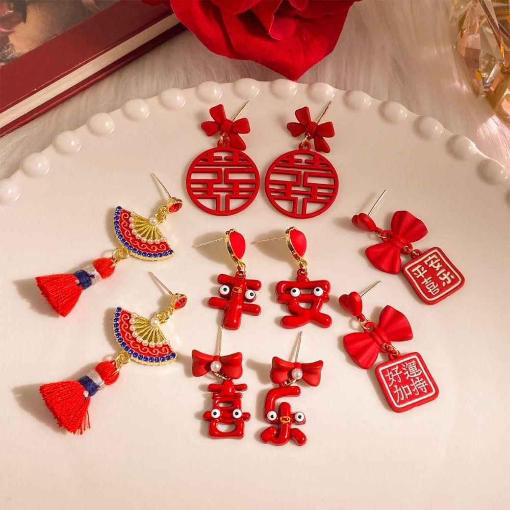 

Chinese Style Bowknot Drop Earring Heart Earrings Women Fashion New Year Earrings Women Red Fu
