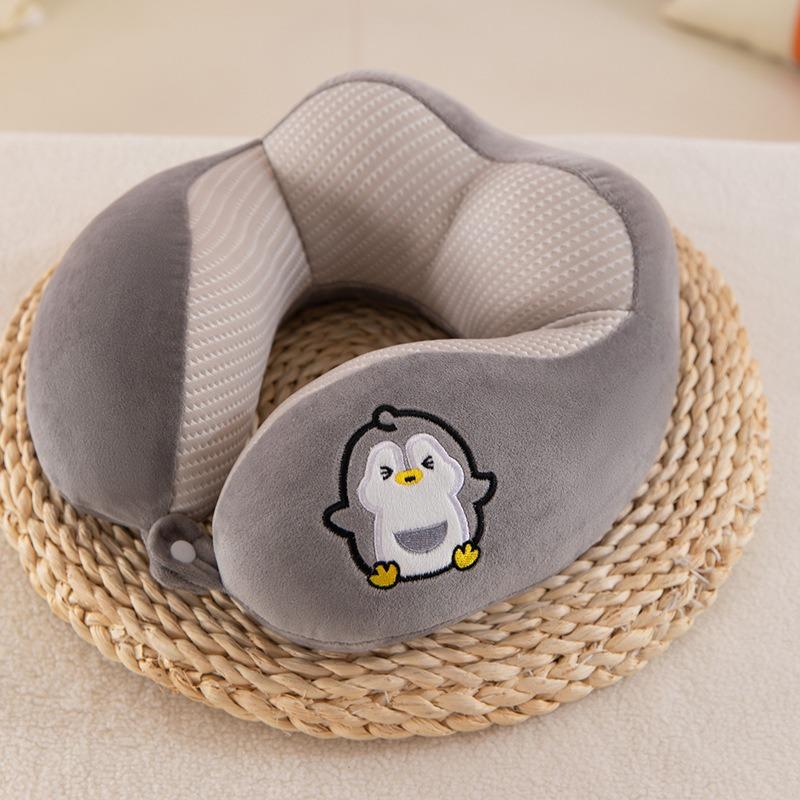 Cartoon U‑Shaped Neck Pillow Ice Bean Surface PP Cotton Filling Cervical Support Travel Pillow Portable Neck Rest for Airplane Car Office Nap