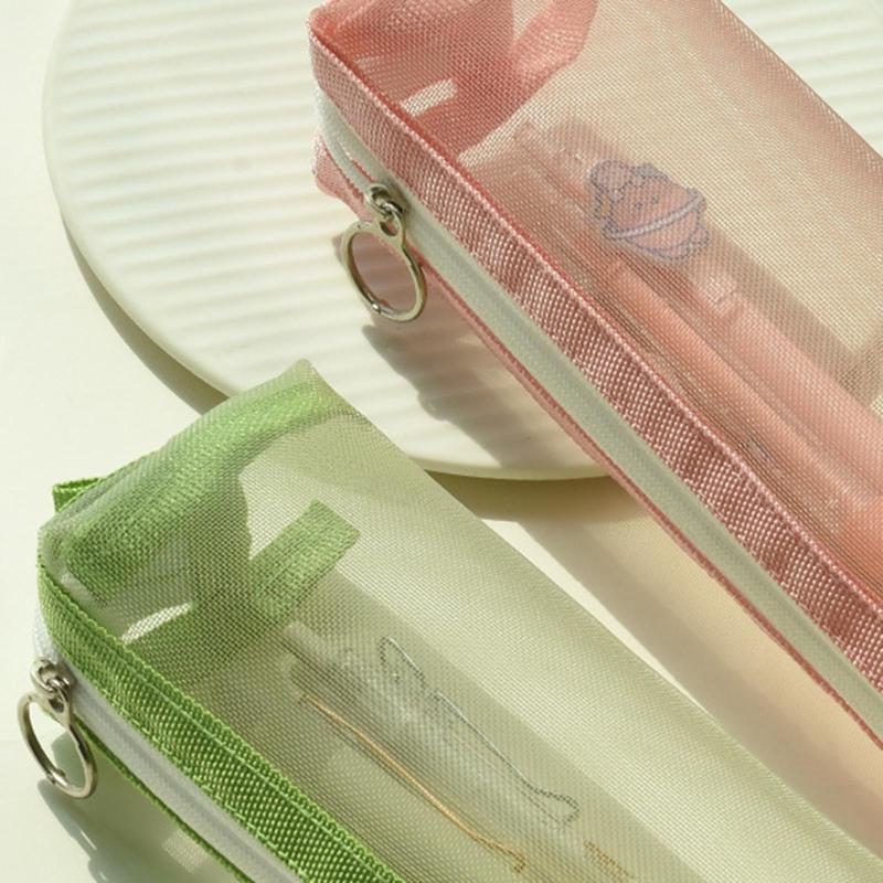 Cute Transparent Pencil for Case Mesh Makeup Storage Holder Pouch Solid Color for Travel Cosmetics Stationery Small Craf
