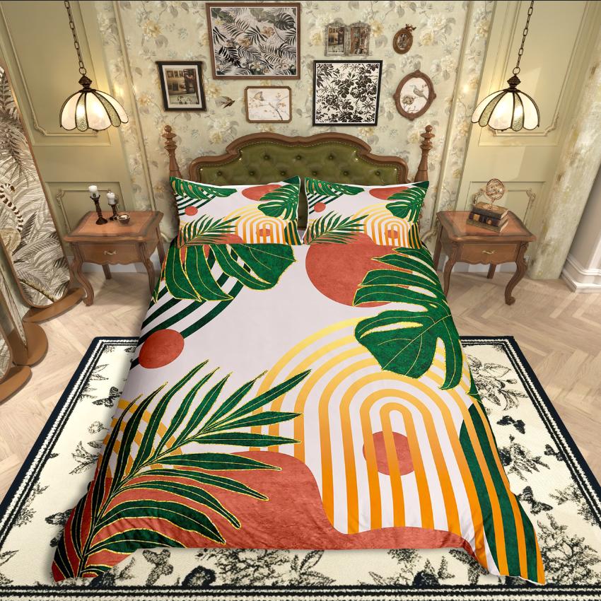 Homewish Trädblad Påslakanset,Geometriska Ränder Sängkläder,Mid Century Täcke Set