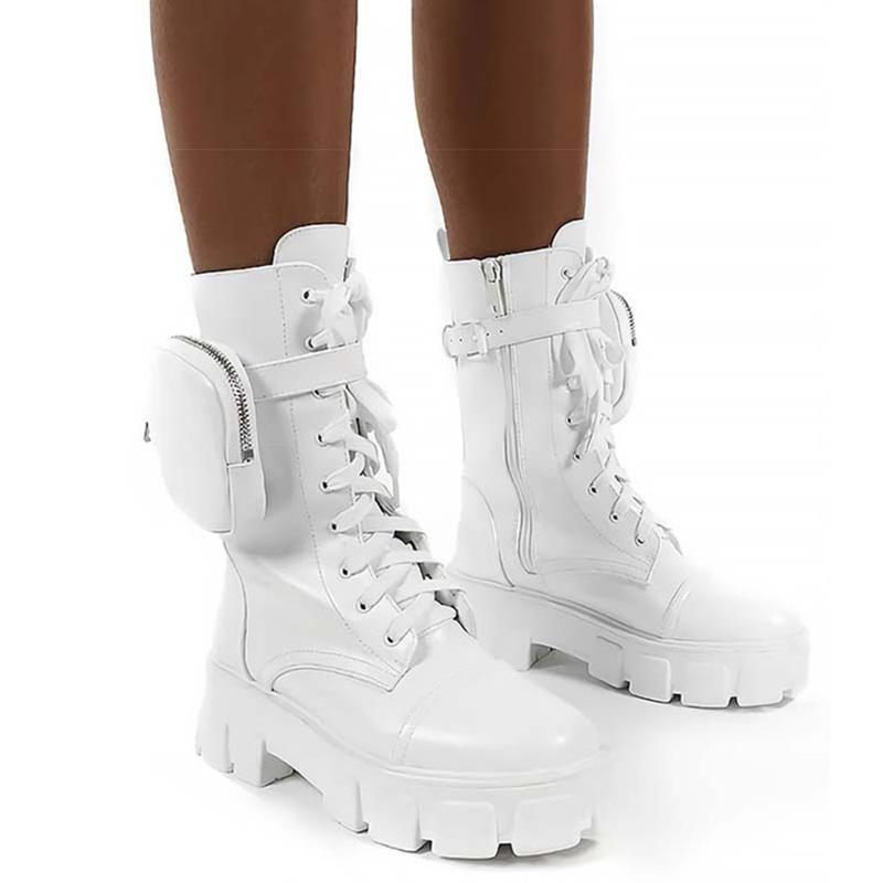 fashion 2024 Women Pocket Boots Lace Up Ladies Boots Fashion Female Buckle Strap Black Chunky Pouch Boots Woman Platform