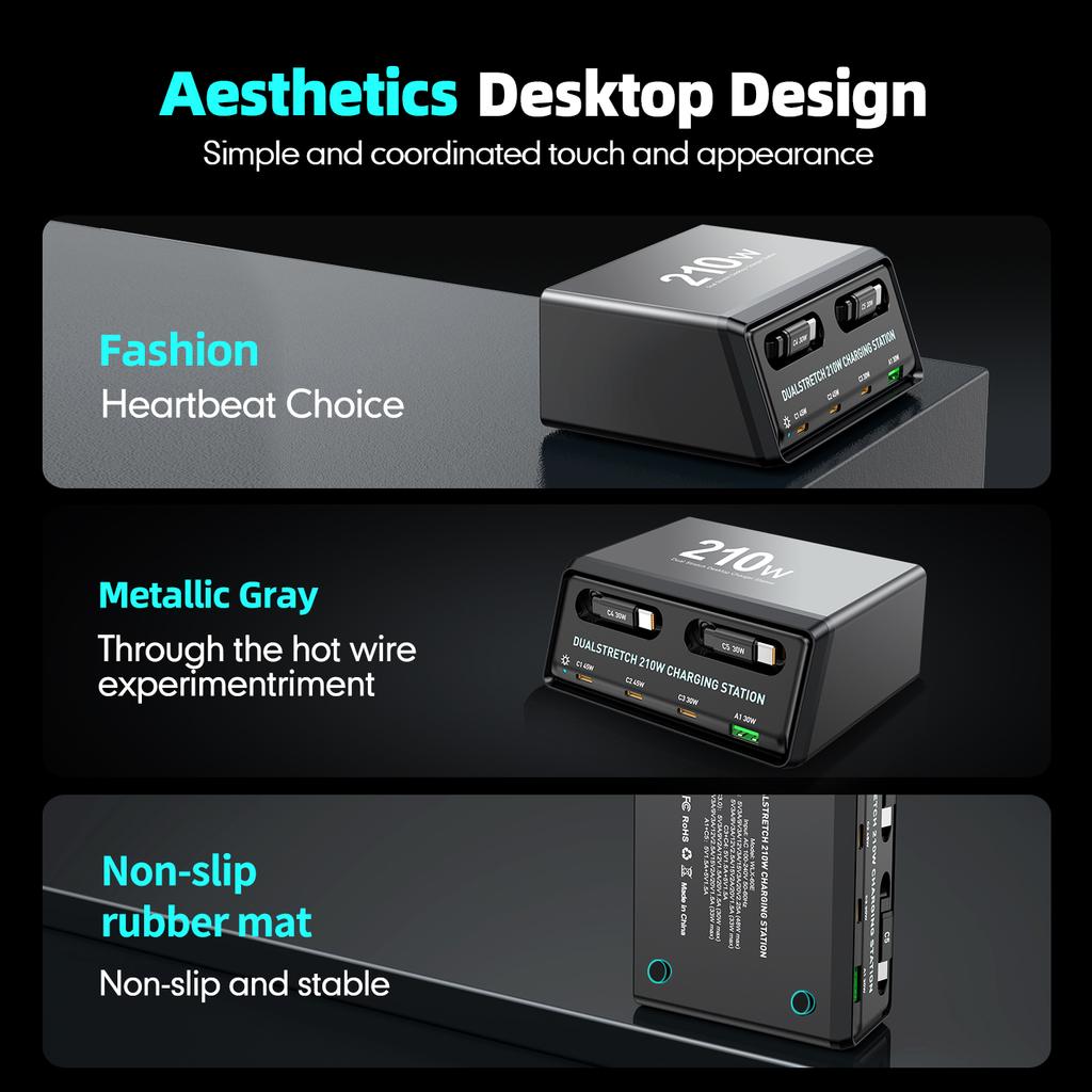 210W Retractable USB C Charger 70cm Telescopic Cable 6-in-1 Desktop Fast Charging Station for IPhone Tablet IPad