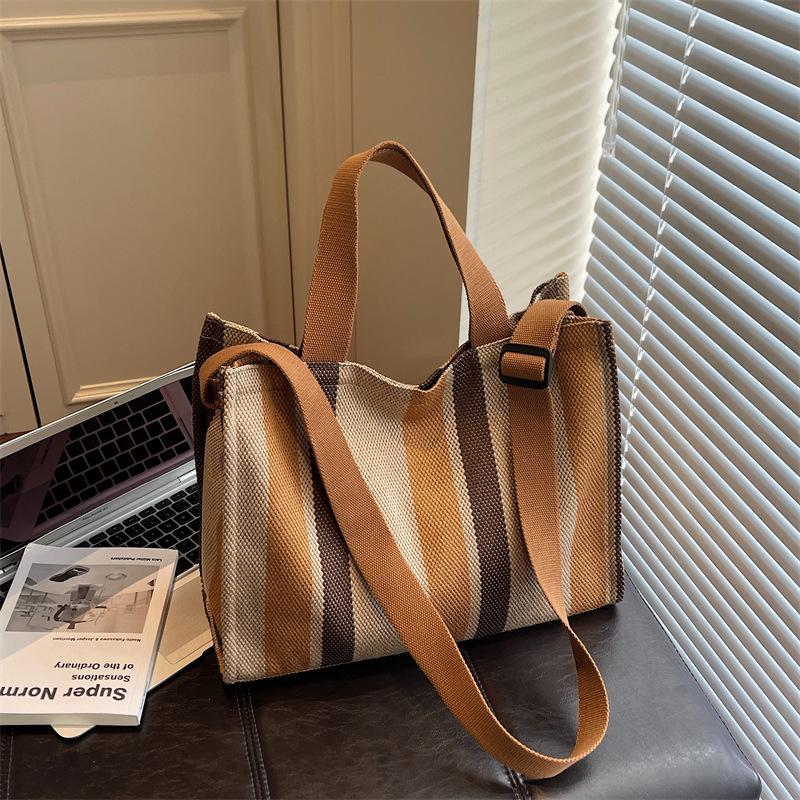 Women's Large Capacity Striped Canvas Tote Bag - Casual Shoulder Handbag
