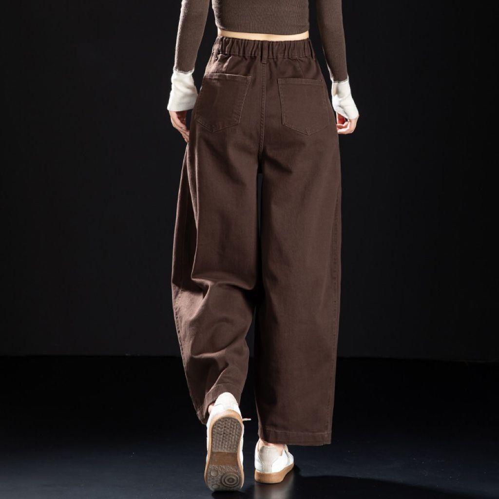 Neue Saison Cropped Weiter Bein Kaffee Hosen für zierliche Frauen, Lockere Passform, Neun-Punkt Ballon Stil Jeans