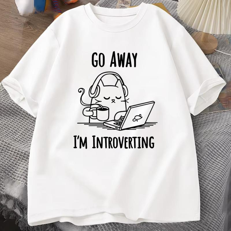 Funny Cat Go Away I'm Introverting Print Casual T-shirt Women T Shirt Summer Casual Short Sleeves Harajuku Tops Unisex Tops