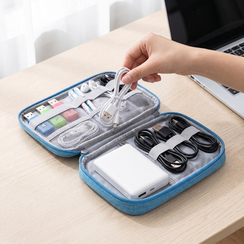 Multi-Functional Travel Electronics Organizer Bag Portable Cable Storage Case with Multiple Compartments and Zipper Closure for Accessories